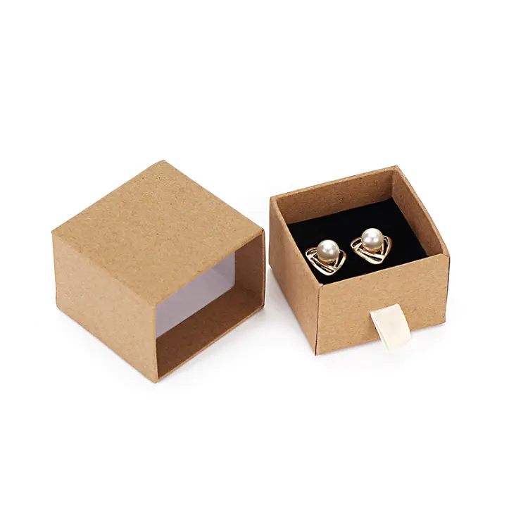Kotak Perhiasan Kertas Kraft Kecil Kertas Kardus Cokelat Kustom Laci Geser Kotak Hadiah Perhiasan