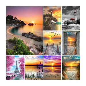 Venda quente 5d Diamante Pintura Seascape Crepúsculo Natal Neve Casa Fotos Handmade Diy Mosaico Diamante Bordado Wall Art