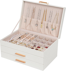 Élégante Boîte de Rangement Blanche pour Bijoux, Panneau Suspendu pour Colliers, Deux Tiroirs et Plateaux Divisés pour Collection de Bagues, Boucles d'Oreilles et Bracelets - Product Image 1