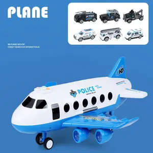 Avión de carga con luz LED musical de gran tamaño para niños pequeños, avión de transporte de fricción con 6 piezas, juego de coche educativo fundido a presión