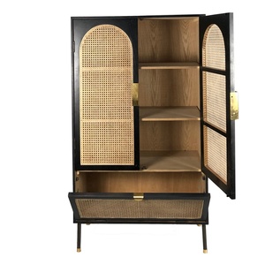 ตู้เสื้อผ้าไม้สีดำสไตล์เรโทร พร้อมโครงหวายแบบถอดประกอบได้ สำหรับห้องนั่งเล่น - Product Image 1