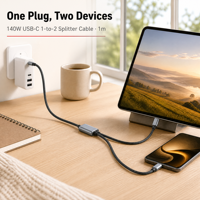 Câble multi-prises 1 à 2 PD 140W en nylon tressé 48 brins compatible avec ordinateur portable, moniteur, VR, Apple Watch sans fil