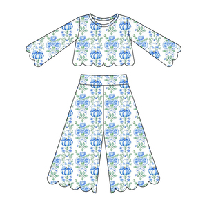 ชุดเด็กผู้หญิงลายดอกไม้สีฟ้าพิมพ์ลายฟักทอง เสื้อทรงสแกลลอปและกางเกงขายาวทรงกว้าง ชุดเด็กสไตล์ชิโนเซอรีสำหรับฤดูใบไม้ร่วง - Product Image 5