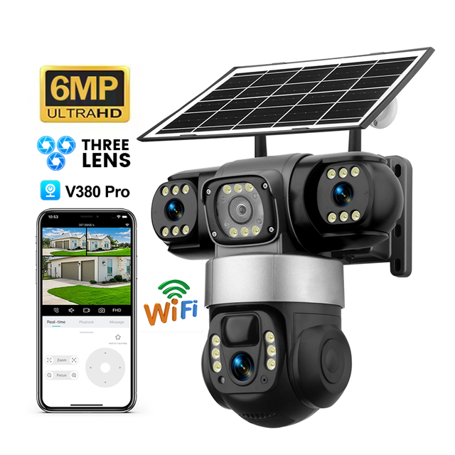 High Quality 6MP 4G Solar CCTV Camera With Three Lens Colorful Night Vision Battery Powerd Life PTZ Security Camera