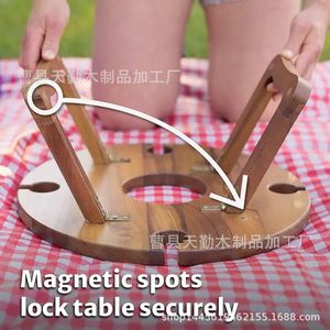 Retro solid wood wine rack folding <b>table</b>, <b>outdoor</b> wine glass holder, snack tray, portable wooden wine <b>table</b> - Product Image 1