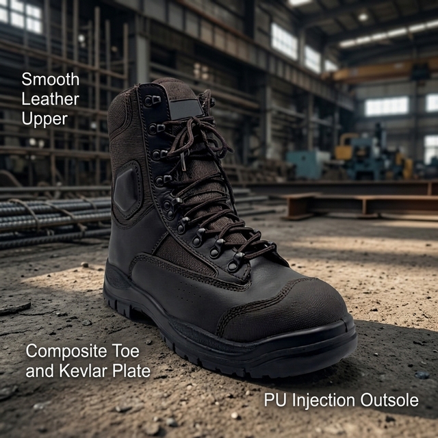 High Top Smooth Genuine Leather Standard Composite Toe PU Injection Work Safety Boots for Men Industrial Tactical Boots
