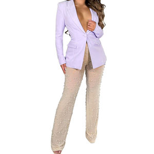 High Quality Sexy Solid Color Coat See Through Pants 2 Piece <b>Set</b> Women Fashion - Product Image 3