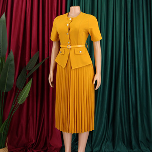 D633 <span class=keywords><strong>Abiti</strong></span> Estivi Eleganti da Donna, Vestiti Casual a Due Pezzi <span class=keywords><strong>con</strong></span> Collo Tondo, Chiusura Monopetto, Effetto Plissettato e Cintura - Product Image 5