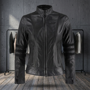 Veste en cuir de mouton pour femme avec traitement tricoté respirant à col montant - Product Image 1