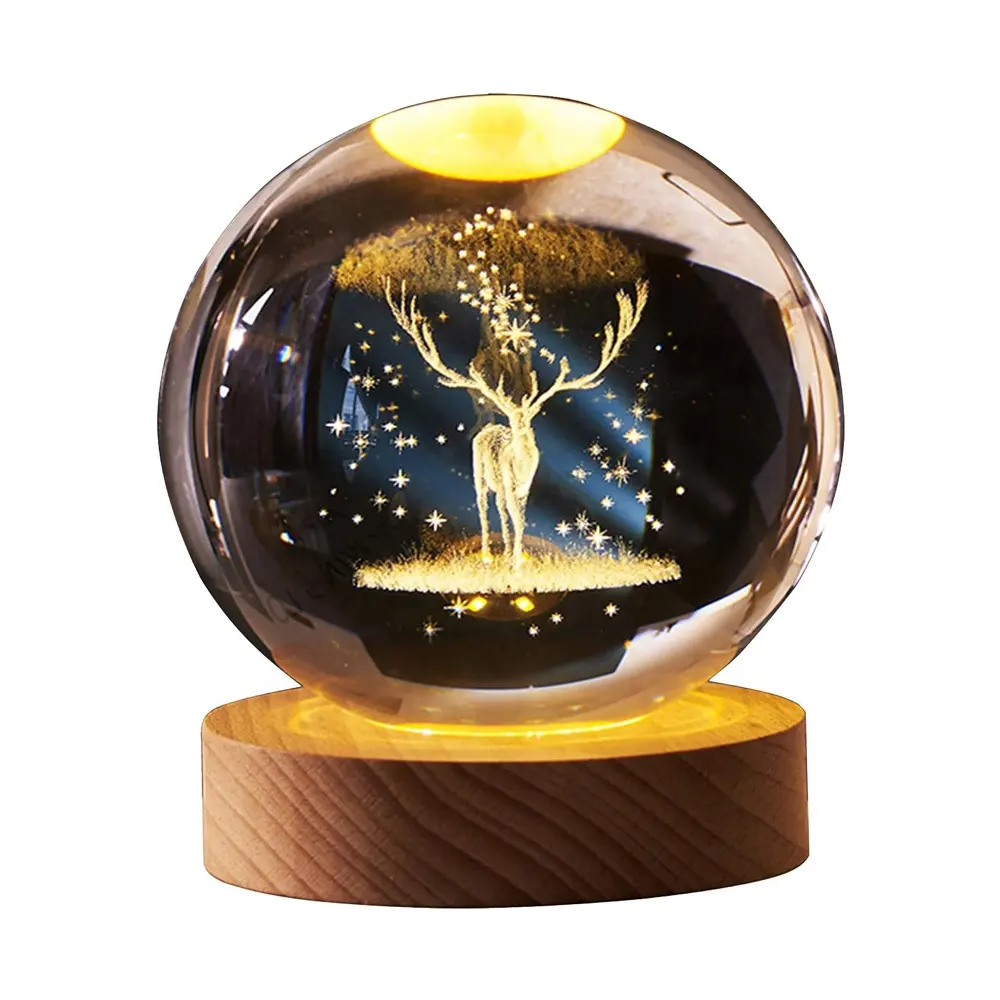 60mm 3D Cerf Boule De Cristal Lampe De Table Boule De Cristal Veilleuse avec Base En Bois Veilleuse pour Enfants LED Lumières Boule De Cristal