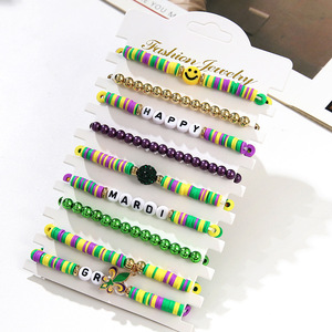 Fashion Jewelry Mardi Gras <b>Beaded</b> <b>Bracelet</b> Set Letter Charm Elastic Stackable Party Gift Jewelry - Product Image 3
