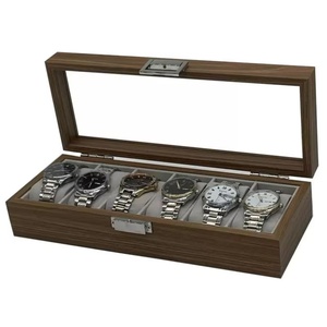 Nouvelle boîte de rangement et de présentation pour montres en bois grain noyer noir, style carré, ensemble de 6, matériaux recyclés écologiques, résistante aux chocs, SAIKE - Product Image 1