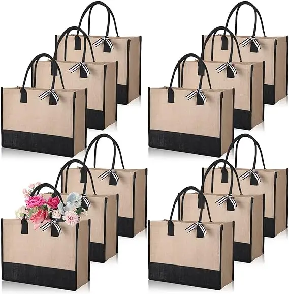 Bolsas de compras personalizadas, bolsas de arpillera de gran capacidad, bolsas de viaje de playa portátiles con asa, bolsas de comestibles de yute DIY en blanco