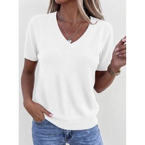 Womens Short Sleeve V Neck Sweater Lightweight Casual <b>Top</b> Summer Breathable Knitwear For Women - Product Image 2