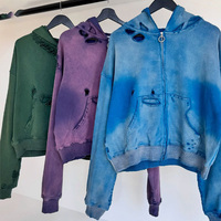 Sweat à capuche zippé vintage Streetwear personnalisé avec logo, en coton épais délavé effet soleil, coupe courte, en molleton bouclette français, effet vieilli, coupe oversize