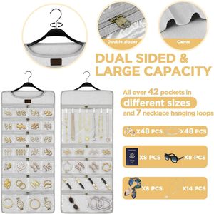 Hanging Jewelry <b>Organizer</b> Canvas Double Sided Rotating <b>Hanger</b> With Zippered Pockets For Earring Necklace <b>Storage</b> - Product Image 5