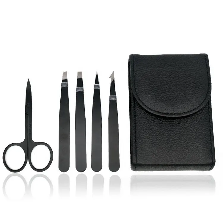 Pinça de sobrancelha preta definida com Travel Case,5 peças ferramentas diárias de beleza para depilação