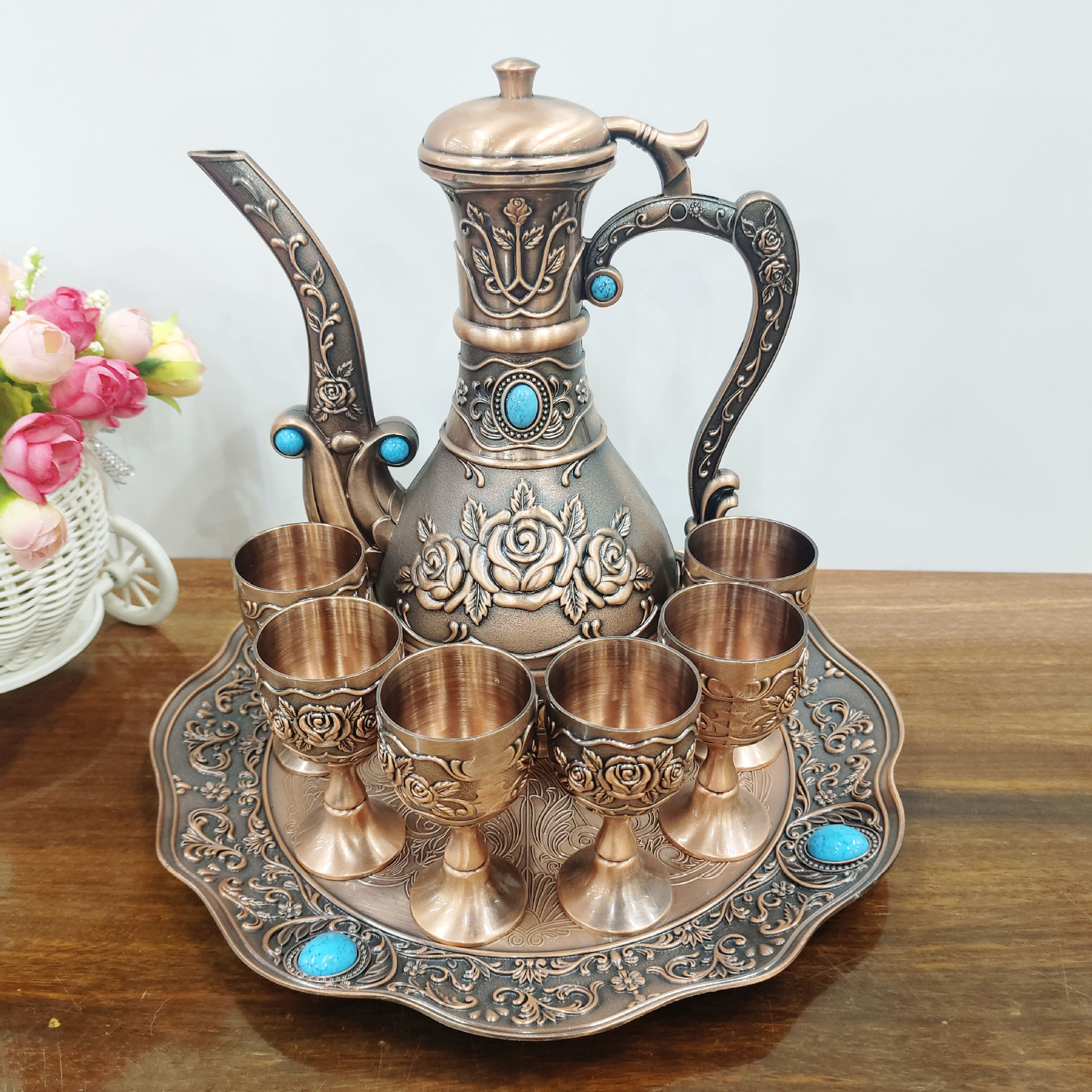 Coffret à vin rouge rose ancien