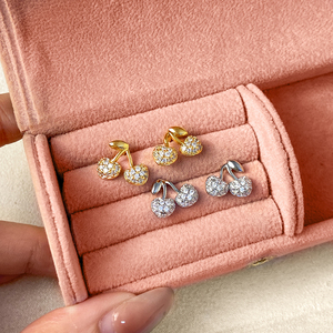 Wholesale S925 Sterling Silver Cherry <strong>Earrings</strong> Full Pave CZ Studs Leaf <strong>Stem</strong> Cute Fruit Fashion Jewelry Featuring Zircon Bulk - Product Image 3