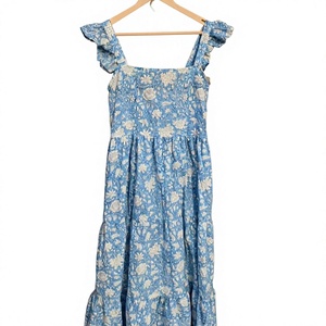 Robe longue d'été élégante à col carré, volants, sans manches, taille haute, imprimé floral, en coton tissé pour femme - Product Image 1