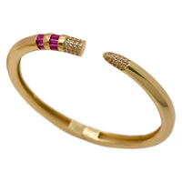 Bracelet manchette ouvert de luxe pour femme en laiton plaqué or, micro-pavé de zircons CZ, avec extrémité baguette et zircon coloré, bijoux en gros