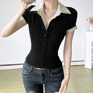 T-shirt décontracté vintage à manches courtes, à col contrasté, simple, ajusté, en tricot écologique, à simple boutonnage - Product Image 2