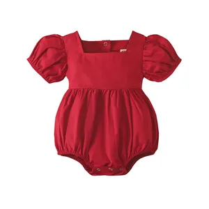 รายการที่กําหนดเองผ้าฝ้าย 100% สีทึบสแควร์คอธรรมดาทารก romper ทอทารกแรกเกิดเสื้อผ้าแขนสั้น romper เด็ก