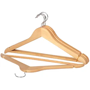 Factory Hot Sale Wooden Clothes Hangers Natural Solid Wood Hangers Support Custom LOGO With Chrome Swivel Hooks