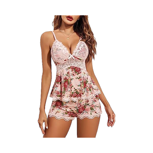 Camisola de Satén con Encaje para Mujer, Lencería Sexy, Pijama Corto con Cierre de Cordón, Transpirable para Uso en el Hogar - Product Image 1