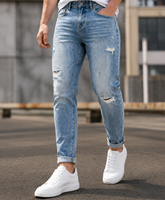 Jean slim déchiré bleu clair pour homme, effet vieilli, coupe ajustée, décontracté, polyvalent, style urbain
