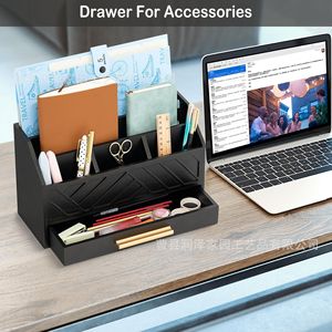 Black Wooden Desktop Organizer With <b>Drawer</b> <b>File</b> Holder Stationery Storage Office Supplies Shelf Rectangle Standing Type - Product Image 5