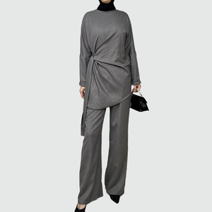 Ensemble deux pièces pour femmes musulmanes <span class=keywords><strong>tunique</strong></span> asymétrique <span class=keywords><strong>chic</strong></span> modeste et sophistiquée et pantalon à jambes larges - Product Image 1
