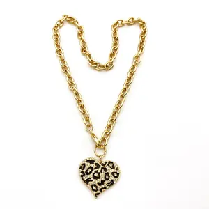 Hot sales epoxy leopard crystal diamond heart pendant gold plated necklace for women