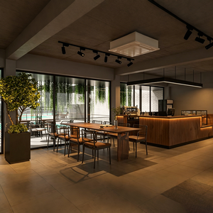 Una cafetería de estilo industrial, con una acogedora barra de madera y una vitrina en la que se exponen apetitosos pasteles. - Product Image 2