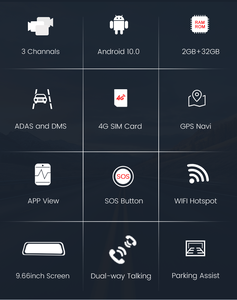 Dashcam retrovisor 4G de 3 canales con ADAS DMS, pantalla táctil de 9,66 pulgadas, vista amplia de 135 °, <span class=keywords><strong>2</strong></span> + 32G - Product Image 5