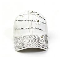 Topi Baseball Denim Fashion dengan Tiga Garis Berlian Imitasi Perak & Bunga Putih Kecil, Dapat Disesuaikan Multi-warna