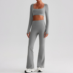 Whole Sale Recycled Polyester Men's Solid Plus Size Workout 2Pcs Set Crop Top and <b>Flare</b> <b>Leggings</b> - Product Image 1