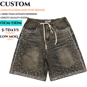 Shorts en jean pour hommes avec strass, style vintage délavé, en coton noir, style hip-hop, mode Y2K, TKAN867 - Product Image 1