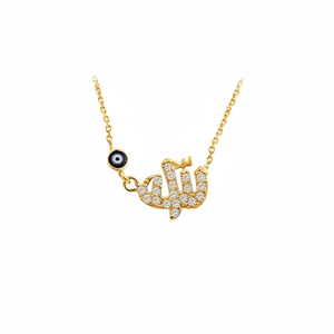 Collier à breloques Allah mauvais œil en or jaune massif 14 carats pour mariage ou anniversaire avec zircon comme pierre principale de style islamique - Product Image 2