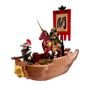 Drei Königslande DIY Plastikmodell Bausteine MOC Mini-Actionfigur Guan Yu startet einen Alleinaufenthalt mit Waffe Kriegspferde Boot