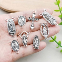 Pendentifs et breloques religieuses en alliage d'argent vieilli, motif croix fine et Vierge Marie, perles intercalaires pour collier de chapelet