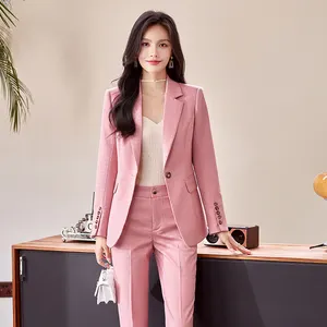 Trajes de 2 piezas al por mayor de fábrica de China, traje de pantalón Rosa gris de alta calidad para mujer, traje de oficina a la moda para mujer, chaqueta y pantalones a cuadros