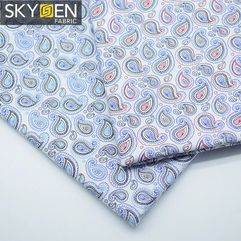 Guangzhou tekstil Skygen hazır stok paisley baskı kumaş 97 pamuk 3 spandex streç kumaş pamuklu kumaş erkek gömlek