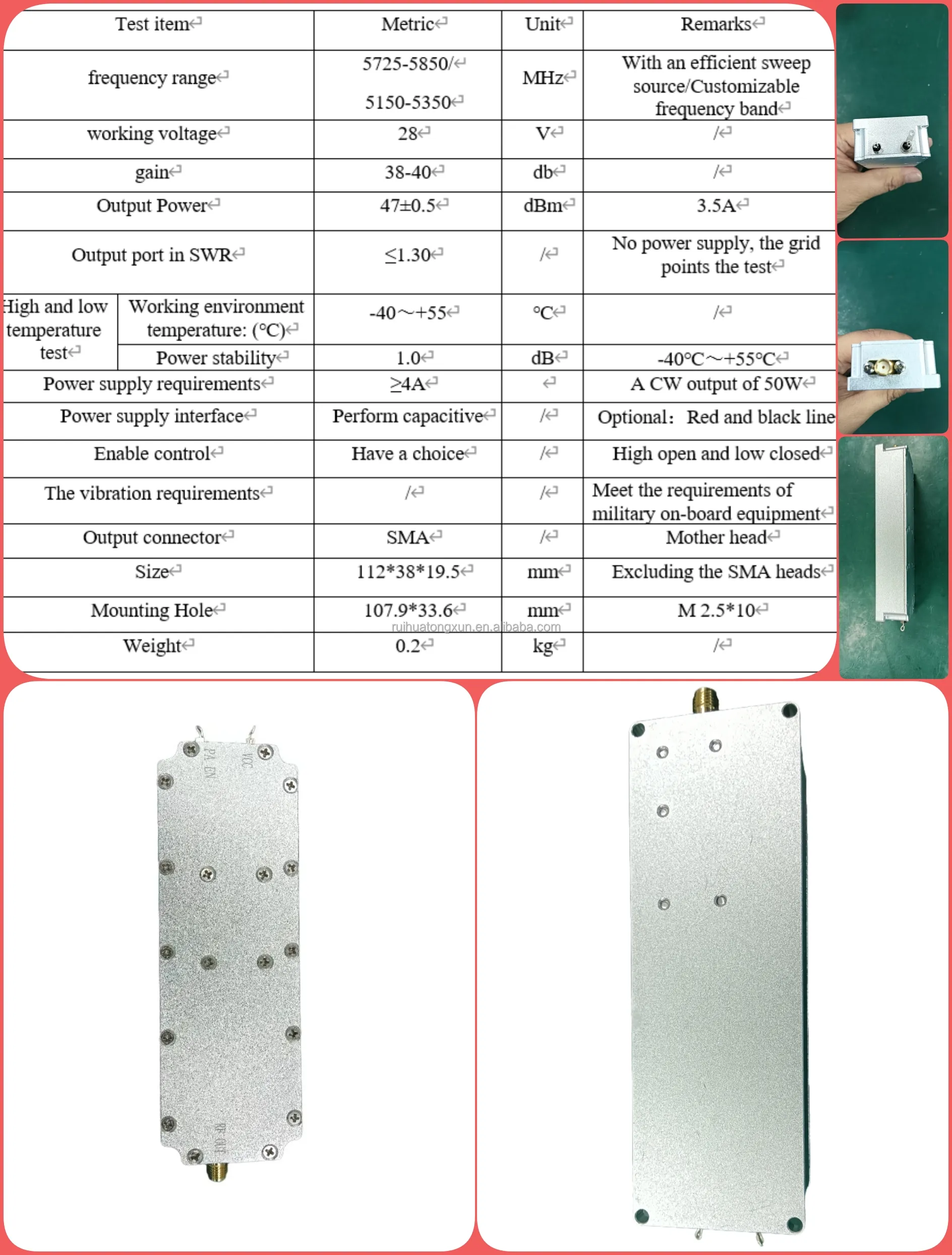 Anti-drone Jammer için 50W 800M 900M 1.2G 1.4G 1.5G 2.4G kablosuz ve RF güç amplifikatörü modülü