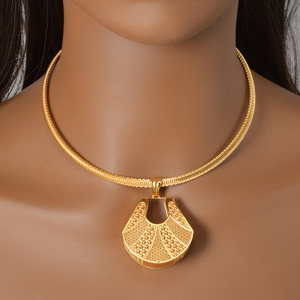 luxury statement western women 18k gold plated hollow fan pendant <b>snake</b> chain trapezoid drop dangle earrings and necklace set - Product Image 3
