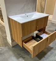 Meuble-lavabo mural en contreplaqué à grain de bois au design moderne avec vasque en céramique pour salle de bain