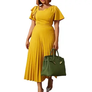 最新设计女装休闲夏装气质纯色褶边短袖女士办公连衣裙