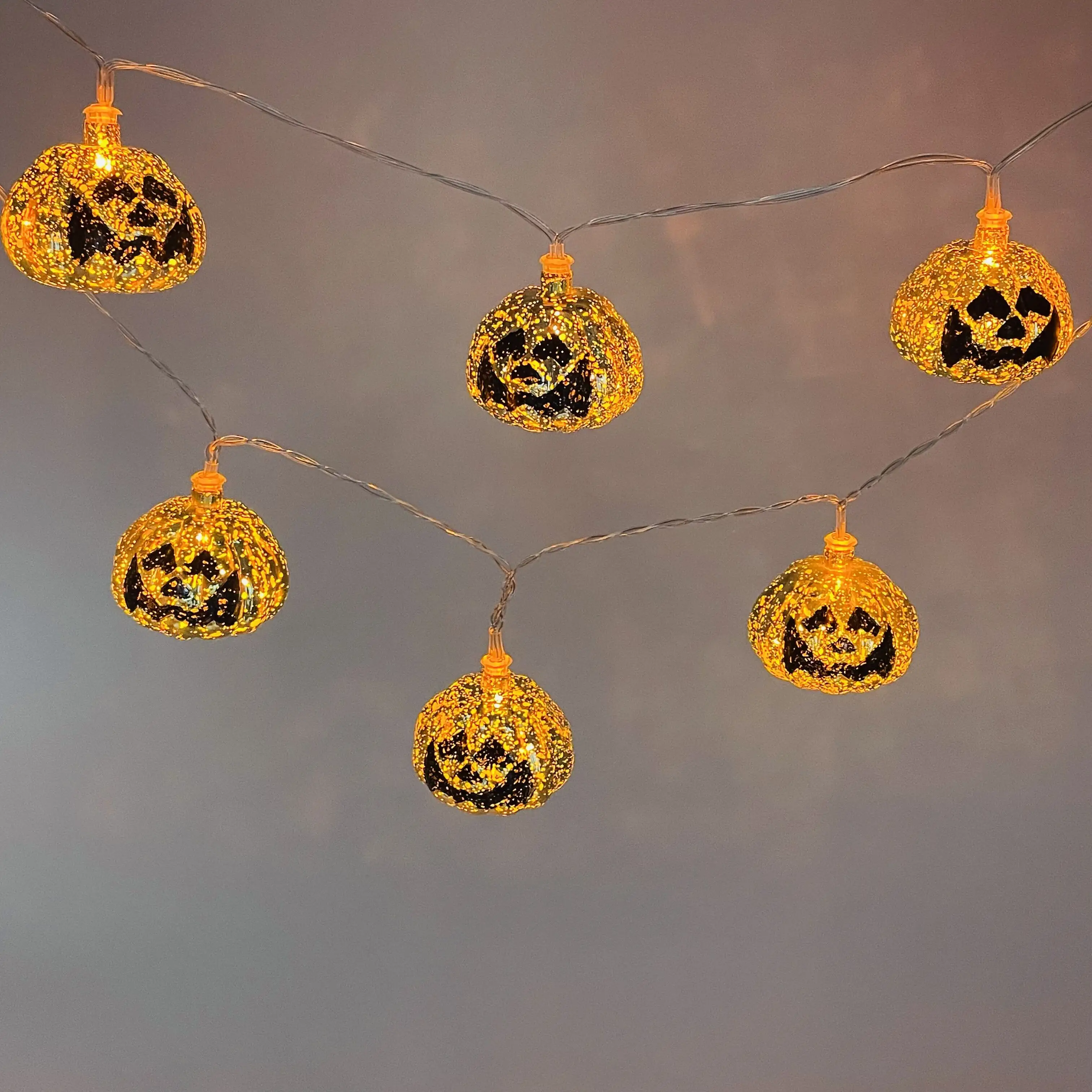 2023 Halloween Decoration 10 LED Mercury Gold Pumpkin Lights String Battery Lighted Up Plastic Jack O' Lantern For Party