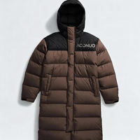 Manteau long d'hiver pour homme, chaud, avec capuche, imperméable, fermeture éclair, logo tricoté, impression personnalisée, poches, conception OEM ODM, marque propre