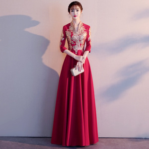 Red Long A-Line Embroidered Wedding Evening Gown V-Neck Natural Waist Vintage Style - Product Image 1